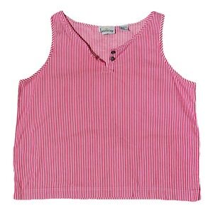 Vintage 90s Striped Tank Top Large Pink White Henley Button Cotton Grandmacore